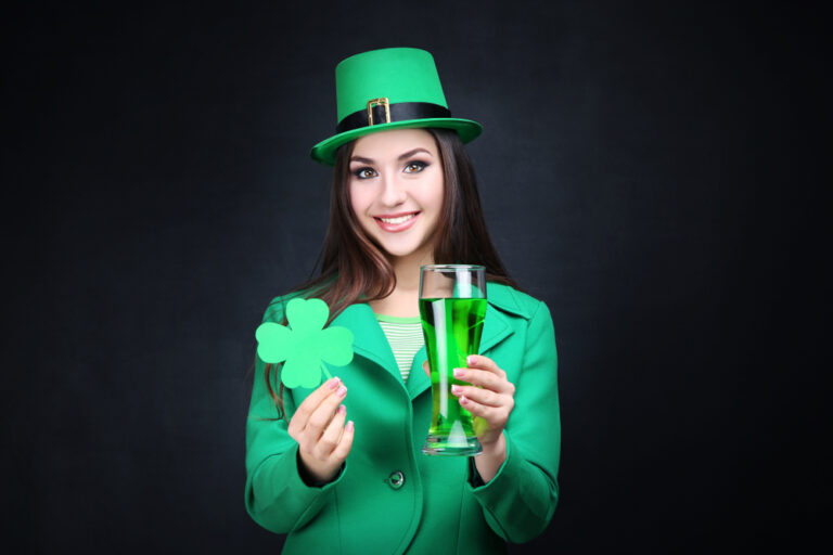 St.,Patrick's,Day.,Beautiful,Woman,Wearing,Green,Hat,With,Beer